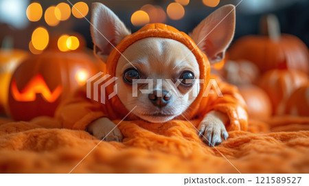 A small dog in an orange pumpkin costume rests on cozy blanket surrounded by pumpkins and warm lights, creating festive and playful atmosphere. 121589527