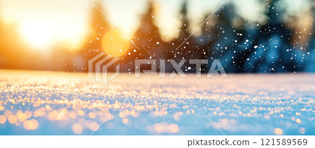 serene snow covered field sparkles under warm sunlight, creating magical atmosphere 121589569