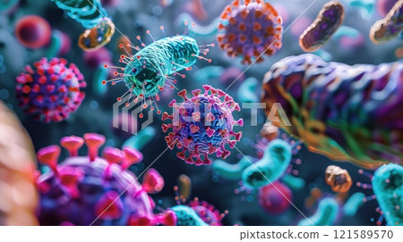 A bunch of colorful bacteria are floating in the air 121589570