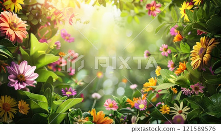 A colorful field of flowers with a bright sun shining down on them A colorful field of flowers with a bright sun shining down on them 121589576