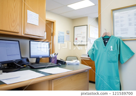 doctors office with clean desk and computer setup, exuding professionalism 121589700