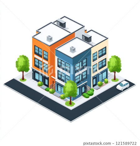 Modern townhouse with multiple units, featuring vibrant colors and greenery 121589722