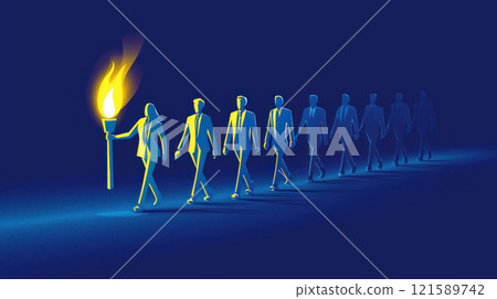 stylized torch symbolizing leadership is passed among figures, representing business success and teamwork 121589742
