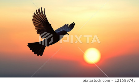 single soaring bird silhouette against vibrant sunrise, symbolizing freedom and success in business 121589743