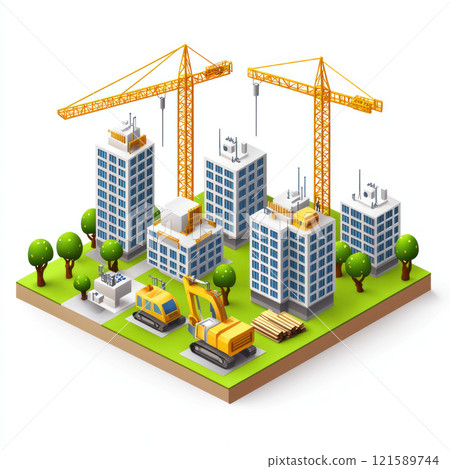 Construction equipment and cityscape growth with unfinished structures 121589744