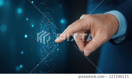 A businesspersons hand interacts with digital interface, showcasing technology and innovation. image conveys sense of engagement and modernity. 121590215