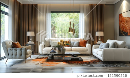 Modern Living Room with Muted Color Furniture and Decor Concept Vibrant Centerpiece on Coffee Table as Focal Point 121590216