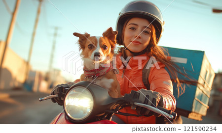 A woman rides motorcycle with small dog, enjoying sunny day 121590234