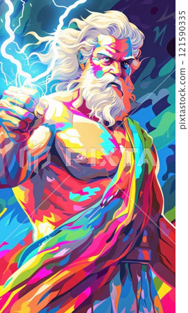 A colorful painting of a zeus with a lightning bolt in his hand 121590335