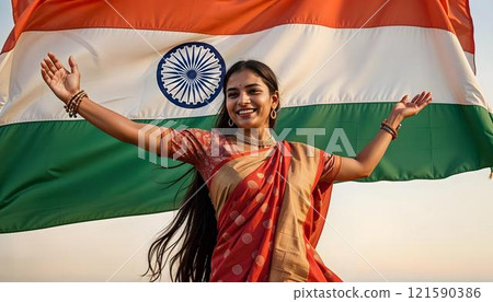 Web Banner India independence day isolated Beautiful young Indian woman against the flag of India copy space. . High quality ai generated Web Banner India independence day isolated Beautiful young Indian woman against the flag of India copy space. . High quality ai generated 121590386
