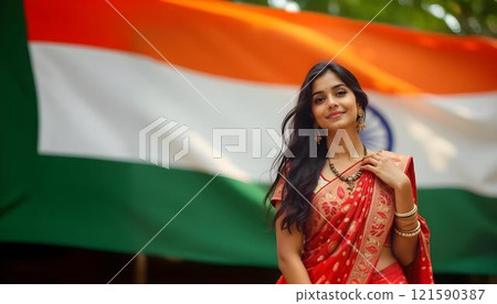Web Banner India independence day isolated Beautiful young Indian woman against the flag of India copy space. . High quality ai generated  121590387