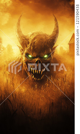 terrifying demon with jagged teeth and glowing green eyes 121590438