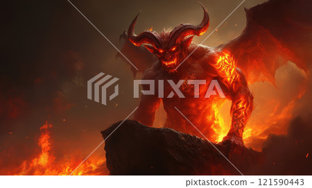 fiery demon with jagged horns and glowing tattoos 121590443