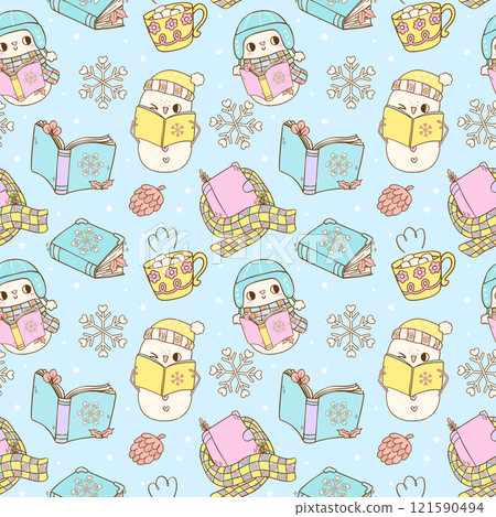Cute Groovy Retro Winter Bookish Snowman Reading Seamless Pattern with Hand Drawn Cartoon 121590494