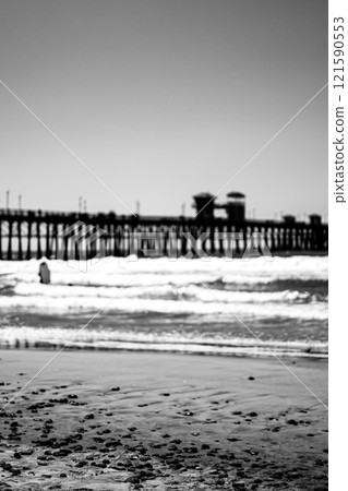 Oceanside City Beach with distant Municipal Pier and ocean waves. 121590553