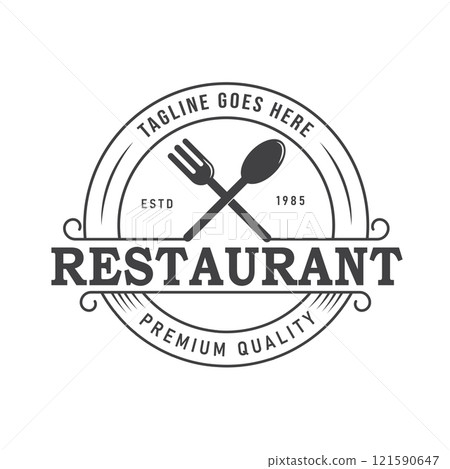 Retro vintage logo design with classic restaurant typography, featuring simple and elegant vector elements of a spoon and fork Retro vintage logo design with classic restaurant typography, featuring simple and elegant vector elements of a spoon and fork 121590647