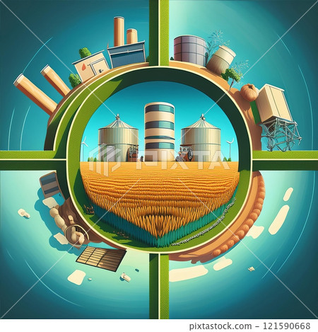 A vibrant illustration of agricultural elements showcasing silos, fields, and farm structures in a circular design during daytime. Generative AI A vibrant illustration of agricultural elements showcasing silos, fields, and farm structures in a circular design during daytime. Generative AI 121590668