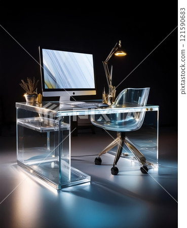 Modern acrylic desk setup with computer and stylish lighting in a dark environment. Generative AI Modern acrylic desk setup with computer and stylish lighting in a dark environment. Generative AI 121590683