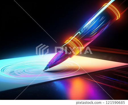 Vivid pen drawing colorful spiral patterns on white paper in a dimly lit room with bright neon effects. Generative AI Vivid pen drawing colorful spiral patterns on white paper in a dimly lit room with bright neon effects. Generative AI 121590685