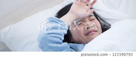 一個發燒、頭涼、感冒、上床睡覺的孩子的橫幅 121590793