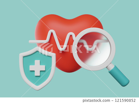 Looking into the heart with a magnifying glass 3D graphic 121590852