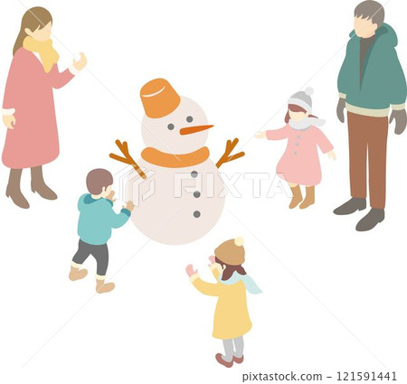 Isometric winter snow play family family kids people men women children illustration material 121591441