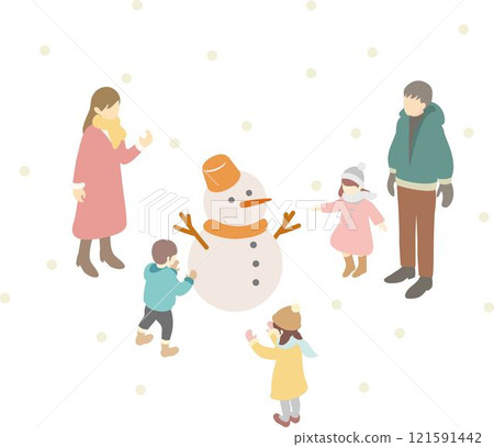 Isometric winter snow play family family kids people men women children illustration material 121591442