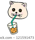 Adorable Cat Sipping Boba Milk Tea 121591473