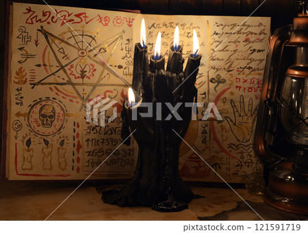 Mystic still life with black candle as scary hand against magic spell book with pentagram. Occult, esoteric, wicca, Halloween and gothic concept. No foreign language, all symbols are fictional. Mystic still life with black candle as scary hand against magic spell book with pentagram. Occult, esoteric, wicca, Halloween and gothic concept. No foreign language, all symbols are fictional. 121591719