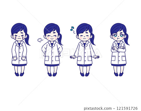 Comical facial expression pose set of a woman in a white coat Comical facial expression pose set of a woman in a white coat 121591726