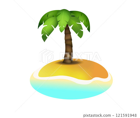 Small desert island icon with green coconut tree on beach surrounded by blue water 121591948