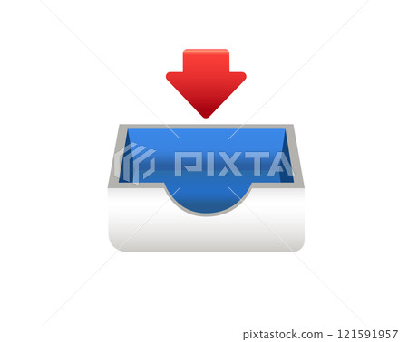 Mail, document paper tray icon with red down arrow for email inbox 121591957