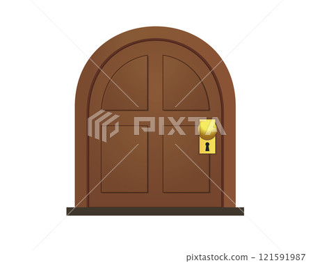 Brown wooden door icon as entrance of room, house with a gold handle 121591987