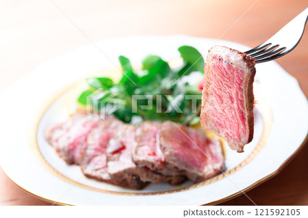 Roast beef cut and arranged on a plate Roast beef cut and arranged on a plate 121592105