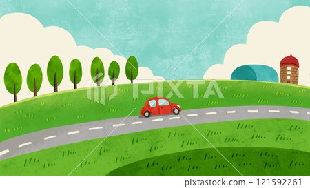 Landscape of grassland and silo, driving red car, watercolor style hand-drawn illustration 121592261