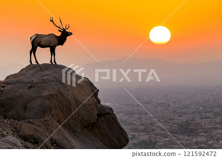 An elk with impressive antlers is silhouetted by the golden sunset as it stands tall on a ridge 121592472