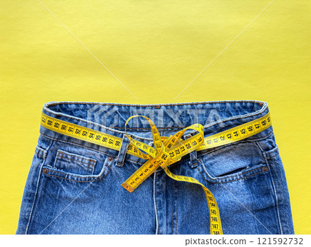Blue jeans with measuring tape as belt on bright yellow background with copy space. Depicting weight loss, diet, and healthy lifestyle concept. Top view. Blue jeans with measuring tape as belt on bright yellow background with copy space. Depicting weight loss, diet, and healthy lifestyle concept. Top view. 121592732