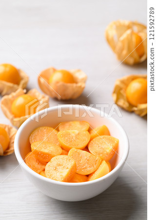 Fresh Cape gooseberry or Golden berry (Physalis peruviana) in bowl ready to eating, Healthy fruit 121592789