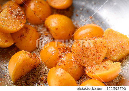 Cape gooseberry or Golden berry (Physalis peruviana) with chili powder and sugar, Spicy fruit salad 121592790