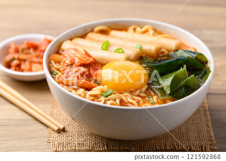 Spicy noodles soup with Tteokbokki, Wakame seaweed and fresh egg yok eating with kimchi cabbage Spicy noodles soup with Tteokbokki, Wakame seaweed and fresh egg yok eating with kimchi cabbage 121592868
