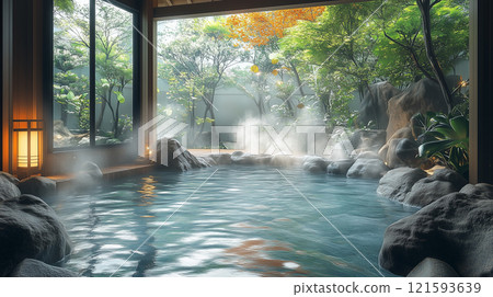 日本溫泉旅館的露天浴池插畫素材 121593639