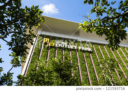 Low-angle view of the Mitsui Outlet Park Linkou in New Taipei City, Taiwan. It is Mitsui Fudosan's third overseas base. Low-angle view of the Mitsui Outlet Park Linkou in New Taipei City, Taiwan. It is Mitsui Fudosan's third overseas base. 121593716