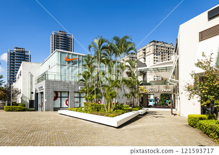 Low-angle view of the Mitsui Outlet Park Linkou in New Taipei City, Taiwan. It is Mitsui Fudosan's third overseas base. Low-angle view of the Mitsui Outlet Park Linkou in New Taipei City, Taiwan. It is Mitsui Fudosan's third overseas base. 121593717