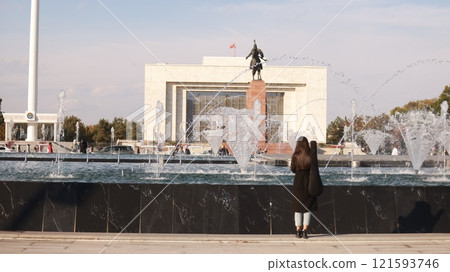 Kyrgyz state historical museum and statue of manas in Ala-Too Square Kyrgyz state historical museum and statue of manas in Ala-Too Square 121593746