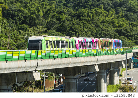 A train traveling on the Wenhu or Brown Line of the Taipei MRT, Taiwan, passes by Taipei Dahu Park. 121593848