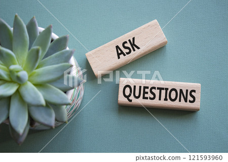Ask Questions symbol. Wooden blocks with words Ask Questions. Beautiful grey green background with succulent plant. Business and Ask Questions concept. Copy space. Ask Questions symbol. Wooden blocks with words Ask Questions. Beautiful grey green background with succulent plant. Business and Ask Questions concept. Copy space. 121593960