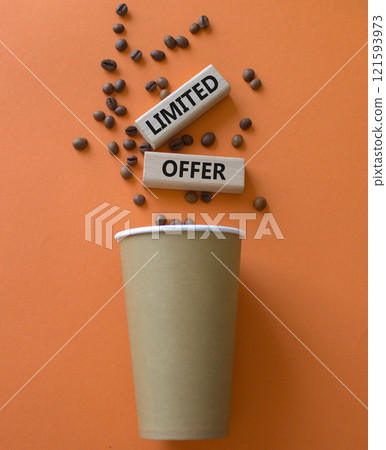 Limited Offer symbol. Concept word Limited Offer on wooden blocks. Beautiful orange background with coffee cup. Business and Limited Offer concept. Copy space Limited Offer symbol. Concept word Limited Offer on wooden blocks. Beautiful orange background with coffee cup. Business and Limited Offer concept. Copy space 121593973
