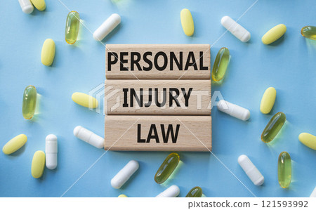 Personal Injury Law symbol. Concept words Personal Injury Law on wooden blocks. Beautiful blue background with pills. Healthcare and Personal Injury Law concept. Copy space. 121593992