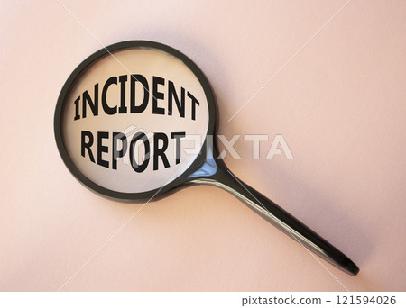 Incident Report symbol. Concept word Incident Report on magnifying glass. Beautiful pink background. Business and Incident Report concept. Copy space 121594026
