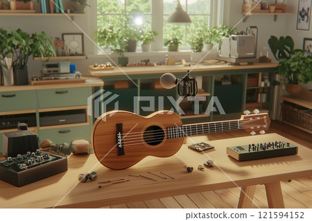 Top View of a Music Instrument Setup with Guitar and Microphone Among Creative Tools Top View of a Music Instrument Setup with Guitar and Microphone Among Creative Tools 121594152